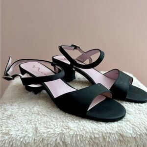 Simple black girls block-heeled dress sandal.